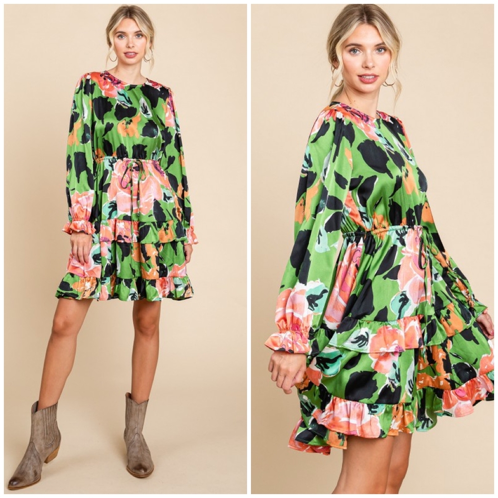 JODIFL Green Floral Long Sleeves Short Dress - Picture 2 of 7